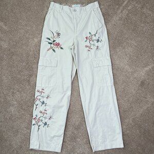 Sundance Pants Womens 2 Khaki Wide Leg Cargo Embroidered Floral Bohemian Utility